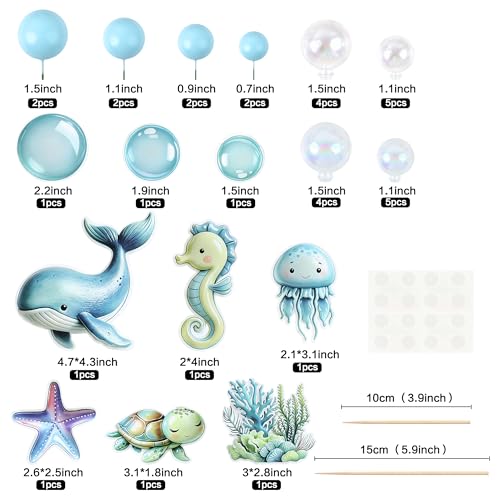 Under the Sea Birthday Cake Toppers Set - 33Pcs Ocean Animals & Bubble Balls