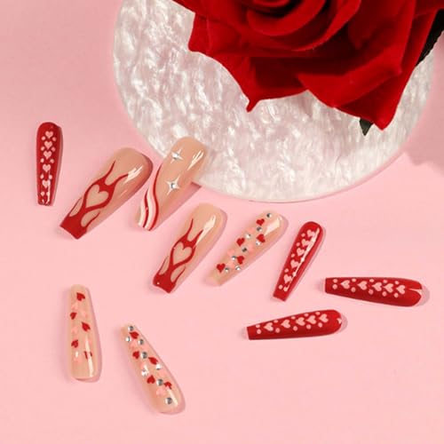 Hkanlre Long Fake Nails Tips 24P Full Cover Heart Design for Women