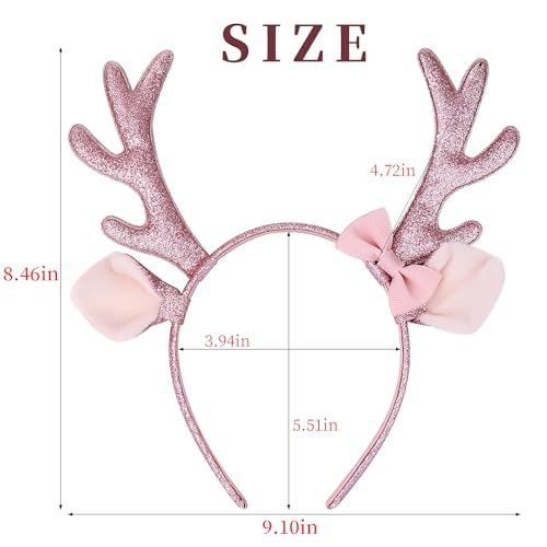 MexLuyu Christmas Reindeer Antlers Headband with Pink Bow - Animal Ears Costume Accessory