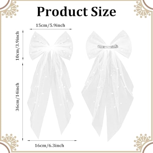 White Hair Bow Veil with Large Pearl Hair Pins for Brides