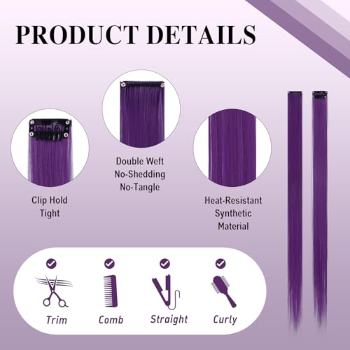SOFEIYAN 10-Piece Colorful Clip-In Hair Extensions - Purple, 22 Inch Synthetic Highlights for Women