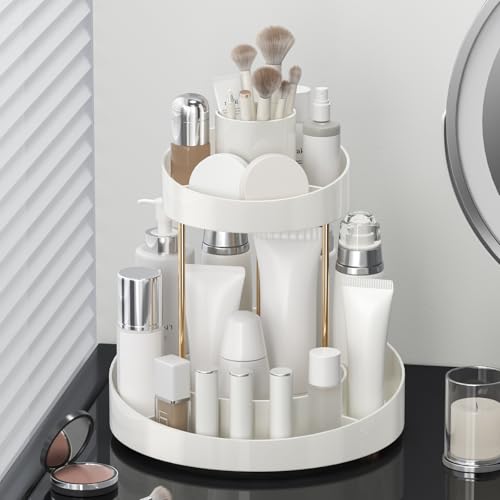 White 2-Tier Rotating Makeup Organizer for Vanity & Bathroom Storage