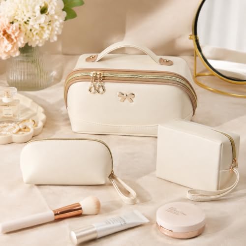 3-Piece Travel Makeup Bag Set - Waterproof PU Leather Cosmetic Organizer