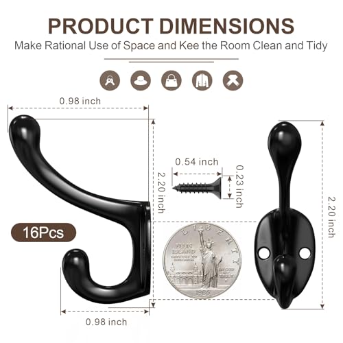 16 Heavy-Duty Black Coat Hooks for Closet & Home Organization