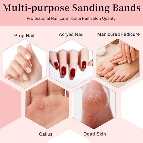 Pink 240 Grit Nail Sanding Bands Set for Drill Bits - 100PCS + 2 Mini 3mm Mandrels