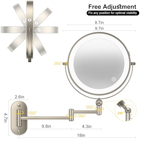 IMIKONA 9" Wall Mounted Lighted Makeup Mirror,4000mAh Rechargeable Double Sided 1X/10X Magnifying Mirror with Light,3 Color Lights,Touch Dimmable,Extended Arm 360 Rotation Wall Mounted Makeup Mirror