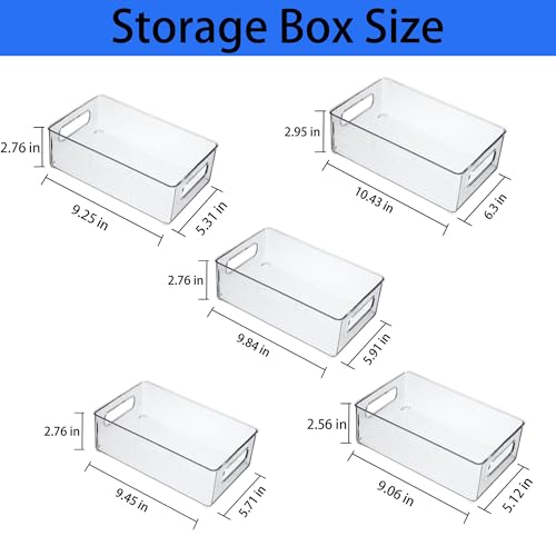 5 Pack Stackable Refrigerator Organizer Bins with Handles - Clear Plastic Storage Containers
