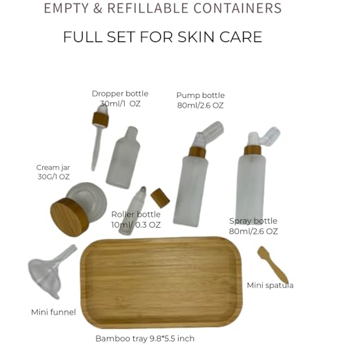 Frosted Glass Cosmetic Containers Kit with Bamboo Cover - 8 pcs Travel Set