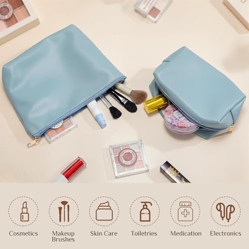 Kigeli 2-Pack Blue Waterproof PU Leather Makeup & Toiletry Bags