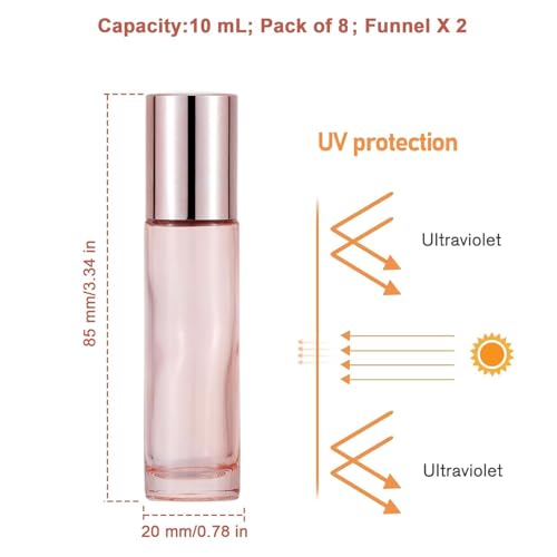 Rose Gold Glass Roller Bottles - 8 Pack 10ml Essential Oil Roll-ons with UV Protection