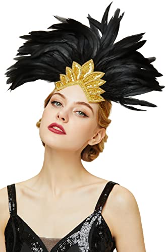 1920s Flapper Showgirl Feather Headpiece with Crystals