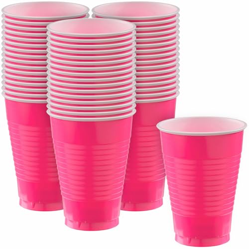 Amscan Bright Pink Plastic Cups - 12 oz, 50 Count, Heavy-Duty & Eco-Friendly