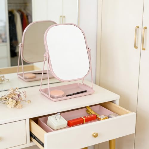 Pink Rotating Metal Makeup Mirror with Storage - 360° Swivel Vanity Mirror