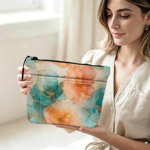 Watercolor Floral Makeup Bag 1463, Large Travel Toiletry Pouch with 8 Pockets