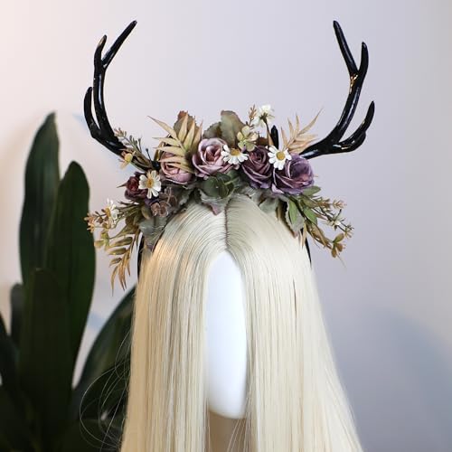 Purple Flower Antler Headband - Woodland Fairy Deer Horns for Cosplay