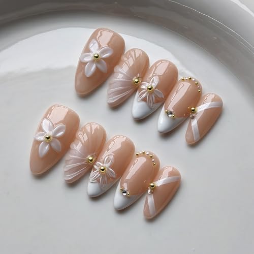 BRKYKGK Style14 French Tip Press-On Nails Medium Almond White with Flower Pearls Gold Accents 10Pcs