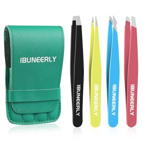 iBuneerly Eyebrow Tweezers Set - 4 Multi-Color Stainless Steel Tweezers with Travel Case