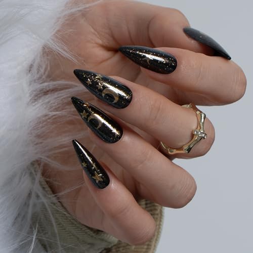CurvLife Long Almond Press On Nails - Lunar Charm Black Soft Gel Kit