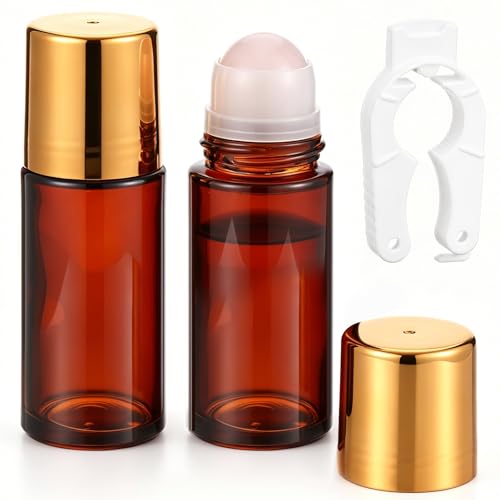 Novabright 2 Pack Pink Rose Quartz Roller Bottles 50ml - Amber Glass Applicators for Essential Oils & Perfumes