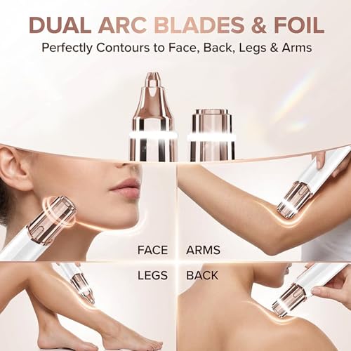Facial Hair Remover for Women: 2 in 1 Electric Eyebrow Trimmer - Rechargeable, Waterproof, Portable, Precision Eyebrow Razor with LED Light (Champagne Gold)