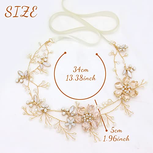 Oriamour Gold Bridal Hair Vine with Floral Pearl Design for Wedding