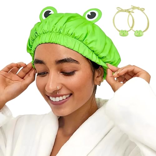 LamaMe Frog Shower Cap - Waterproof Reusable Double-Layer Hair Cap for Women