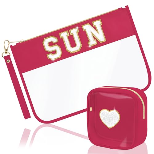 BuyCard SUN Red Transparent Travel Makeup Pouch Set for Beach Vacation