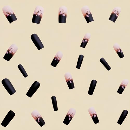 CEWEWP A1 Fall Pink Black Gradient Coffin Press-On Nails 24pcs - Medium, Glossy, Full Cover, Pink Flowers Design