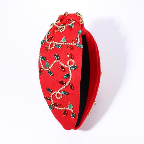 Red Rhinestone Christmas Headband for Women - Jeweled Knotted Design