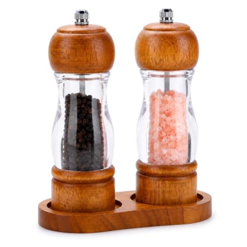 Manual Salt and Pepper Grinder Set with Oak Tray - Adjustable Ceramic Mills