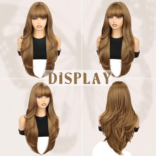 SUKRI Honey Blonde Wavy Long Wig with Bangs - 26 Inch Layered Hair for Women, Heat-Resistant Fiber, Beginner Friendly