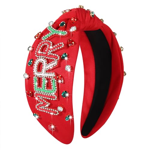 NVENF Plaid Christmas Headband with Pearls and Rhinestones, Red