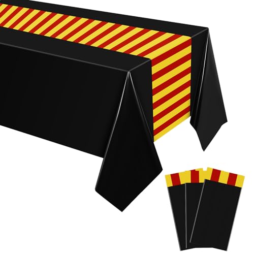 Oudain 3 Pcs Wizard Tablecloths | 54 x 108 Inch Black & Gold Design for Halloween & Birthday Parties