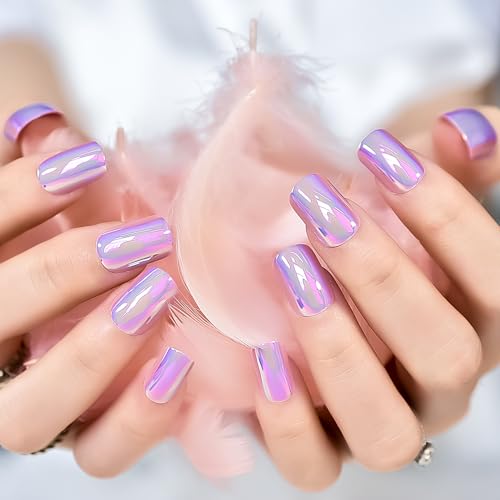 Purple Metallic Mirror Press On Nails - 24 Pcs Reusable False Nails