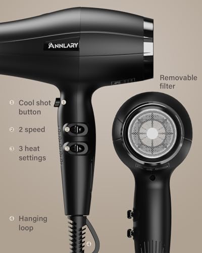 ANNLARY Ionic Hair Dryer with Diffuser, 1875W Fast-Drying Black
