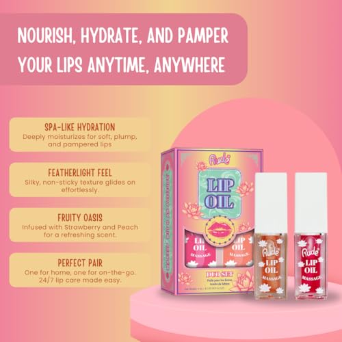 RUDE Cosmetics Tinted Lip Oil Set - Hydrating & Nourishing Strawberry Peach