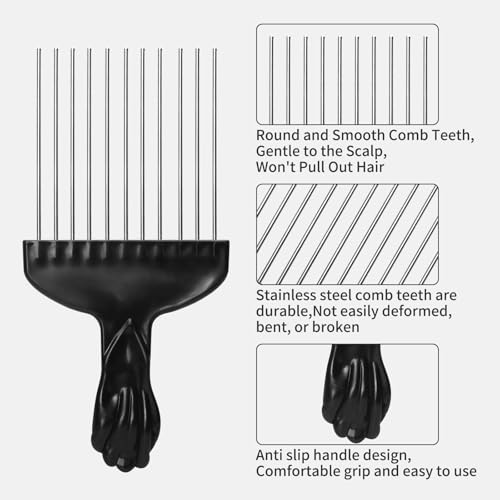 3-Pack Metal Afro Picks - 6" Curl Detangling Combs with Fist Grip