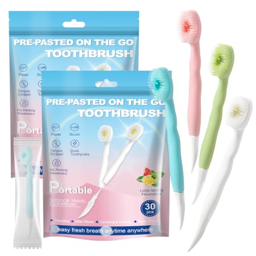 JOUGE 4-in-1 Disposable Mini Toothbrush with Toothpaste, 30 Pack