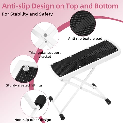 Neotidy Adjustable Pedicure Foot Rest, Foldable Non-Slip Metal Stool - White
