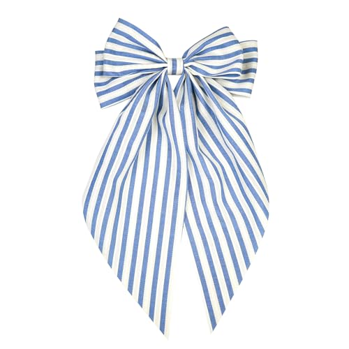 Large Striped Blue Hair Bow for Women & Girls - Oversized Long Tails Hair Clips Gift
