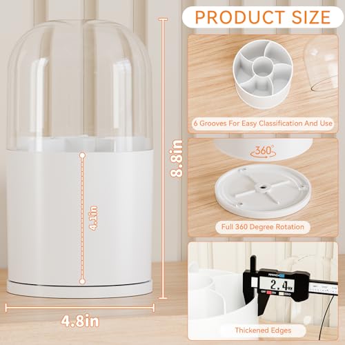 Yieach White Rotating Acrylic Makeup Brush Organizer with Lid, 6 Compartments, Vanity & Bathroom Storage