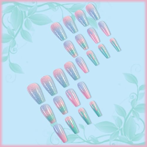 24Pcs Rainbow Gradient Coffin Nails - Sparkly Macaron Design