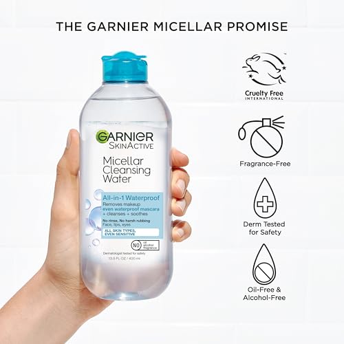 Garnier Micellar Water For Waterproof Makeup, Hydrating Facial Cleanser & Makeup Remover, Suitable for Sensitive Skin, Vegan, Cruelty Free, 13.5 Fl Oz (400mL), 1 Count