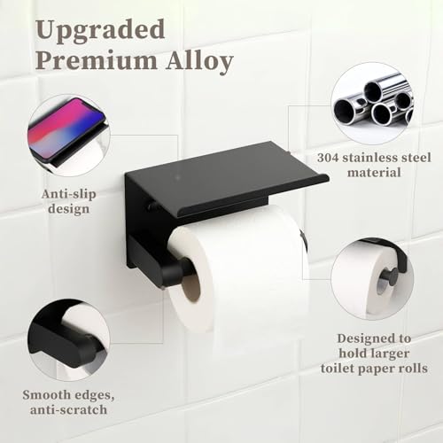Black Rustproof Toilet Paper Holder with Shelf - Wall Mount & Adhesive