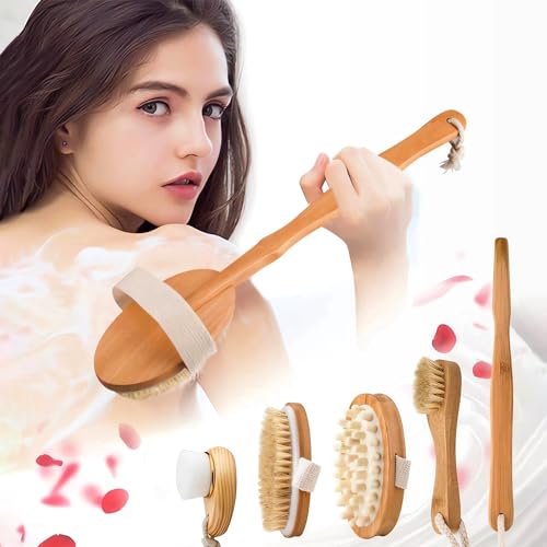 Zeutch Dry Body Brush Set with Long Handle for Exfoliation and Lymphatic Drainage