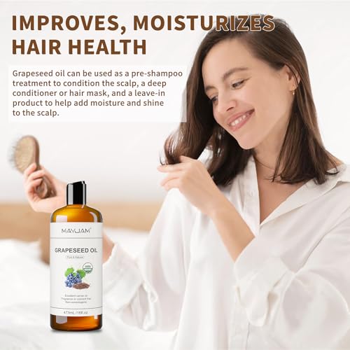 MAYJAM Organic Grapeseed Oil 473ml/16 Fl oz for Skin & Hair Care, USDA Certified, Cold Pressed, Unrefined