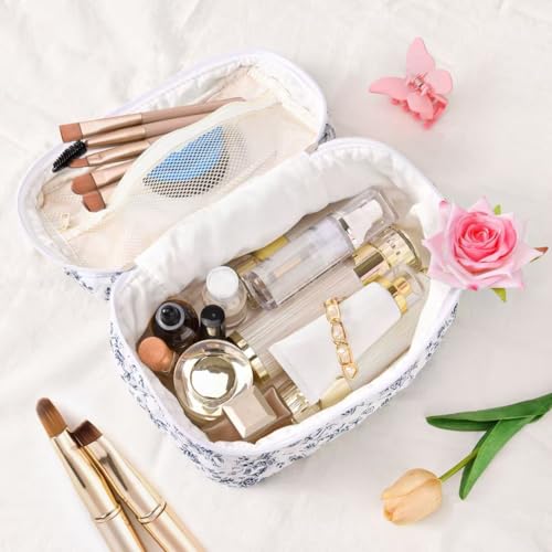 Blue Travel Quilted Makeup Bag with Bow - Cotton Cosmetic Organizer for Women & Girls