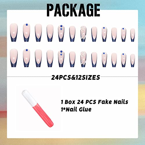 IMSOHOT Long Press-On Nails Coffin French Tip Blue Butterfly Rhinestones 60B-001 24pcs