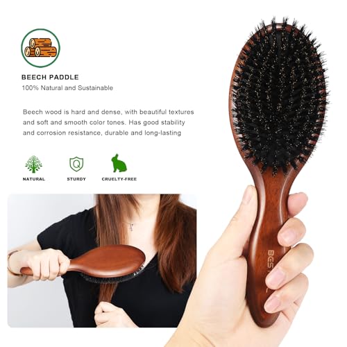 BESTOOL Boar Bristle Hair Brush - Natural Beech Wood Paddle for Smoothing