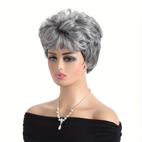 Short Curly Silver Grey Pixie Wig with Bangs - Natural Heat Resistant
